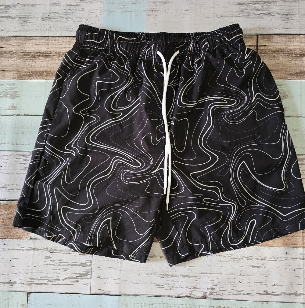 Source Unknown Black Swim Trunks with White Swirl Pattern